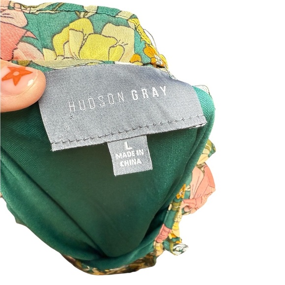 Hudson Gray Women’s Large Floral Blouse Gray Green Long Sleeve Casual Dressy Top - Picture 5 of 7